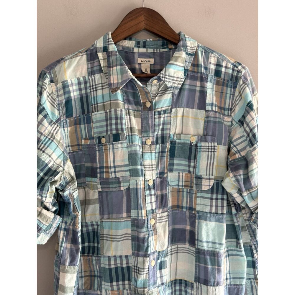 LL Bean Madras Plaid Button Shirt Patchwork Roll Tab Sleeve Country Cottage XL - Picture 3 of 16